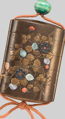 Lot 41 - A FOUR-CASE SHIBAYAMA-STYLE LACQUER INRO WITH BLOSSOMS AND BERRIES