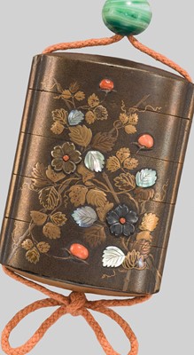 Lot 41 - A FOUR-CASE SHIBAYAMA-STYLE LACQUER INRO WITH BLOSSOMS AND BERRIES
