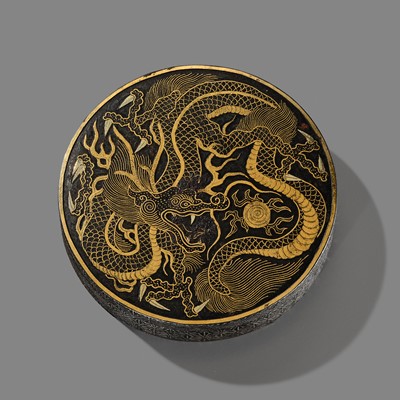 Lot 36 - SEKI OF KYOTO: A FINE GOLD INLAID IRON ‘DRAGON’ KOGO (INCENSE BOX) AND COVER
