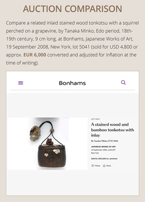 Lot 394 - TANAKA MINKO: AN INLAID WOOD TONKOTSU WITH A RAOYA CLEANING A SMOKING PIPE (KISERU)