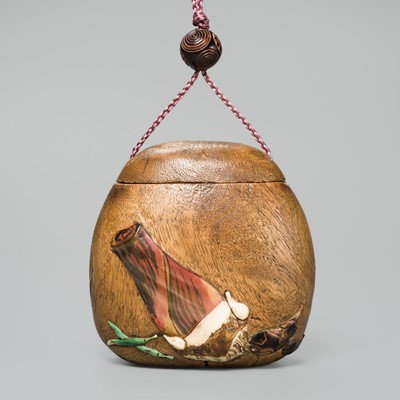 Lot 67 - A LARGE INLAID KIRI WOOD TONKOTSU (TOBACCO CONTAINER) DEPICTING VEGETABLES