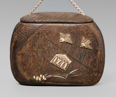 Lot 66 - A FINE INLAID KIRI WOOD TONKOTSU (TOBACCO CONTAINER) DEPICTING A KITSUNE (FOX)