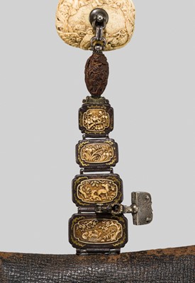 Lot 69 - HASEGAWA IKKO: A LEATHER TABAKO-IRE (POUCH) WITH FINE IVORY FITTINGS