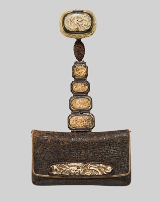 Lot 69 - HASEGAWA IKKO: A LEATHER TABAKO-IRE (POUCH) WITH FINE IVORY FITTINGS