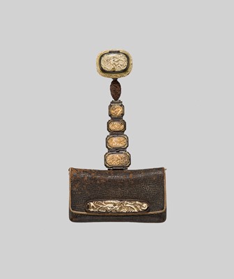 Lot 69 - HASEGAWA IKKO: A LEATHER TABAKO-IRE (POUCH) WITH FINE IVORY FITTINGS