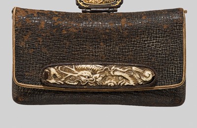 Lot 69 - HASEGAWA IKKO: A LEATHER TABAKO-IRE (POUCH) WITH FINE IVORY FITTINGS