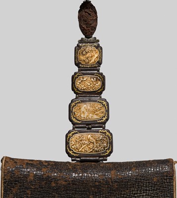 Lot 69 - HASEGAWA IKKO: A LEATHER TABAKO-IRE (POUCH) WITH FINE IVORY FITTINGS