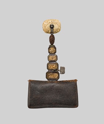 Lot 69 - HASEGAWA IKKO: A LEATHER TABAKO-IRE (POUCH) WITH FINE IVORY FITTINGS