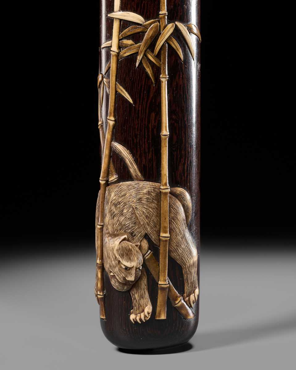 Lot 71 - HASEGAWA IKKO: A SUPERB AND VERY LARGE KISERUZUTSU DEPICTING TIGER AND BAMBOO