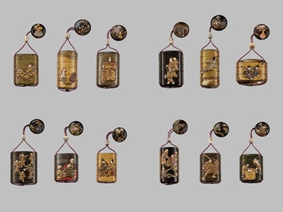 Lot 11 - OGAWA HARITSU: THE ‘F. M. JONAS’ COMPLETE SET OF TWELVE INRO WITH MATCHING OJIME AND NETSUKE REPRESENTING THE TWELVE MONTHS