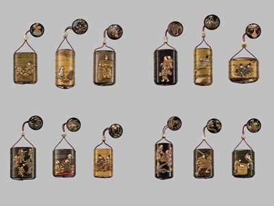 Lot 11 - OGAWA HARITSU: THE ‘F. M. JONAS’ COMPLETE SET OF TWELVE INRO WITH MATCHING OJIME AND NETSUKE REPRESENTING THE TWELVE MONTHS