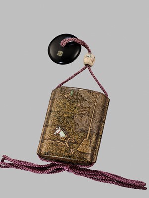 Lot 11 - OGAWA HARITSU: THE ‘F. M. JONAS’ COMPLETE SET OF TWELVE INRO WITH MATCHING OJIME AND NETSUKE REPRESENTING THE TWELVE MONTHS