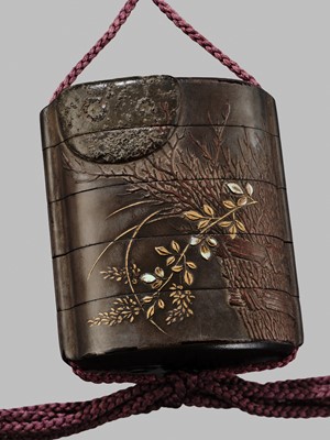 Lot 11 - OGAWA HARITSU: THE ‘F. M. JONAS’ COMPLETE SET OF TWELVE INRO WITH MATCHING OJIME AND NETSUKE REPRESENTING THE TWELVE MONTHS