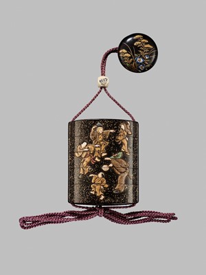 Lot 11 - OGAWA HARITSU: THE ‘F. M. JONAS’ COMPLETE SET OF TWELVE INRO WITH MATCHING OJIME AND NETSUKE REPRESENTING THE TWELVE MONTHS