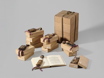 Lot 11 - OGAWA HARITSU: THE ‘F. M. JONAS’ COMPLETE SET OF TWELVE INRO WITH MATCHING OJIME AND NETSUKE REPRESENTING THE TWELVE MONTHS