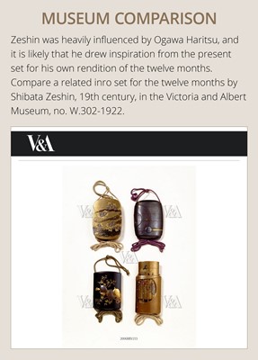 Lot 11 - OGAWA HARITSU: THE ‘F. M. JONAS’ COMPLETE SET OF TWELVE INRO WITH MATCHING OJIME AND NETSUKE REPRESENTING THE TWELVE MONTHS