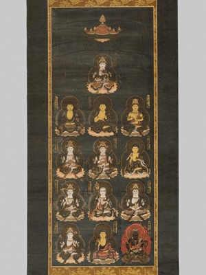 Lot 153 - A HANGING SCROLL PAINTING DEPICTING THE THIRTEEN BUDDHAS, JUSANBUTSU MANDARA, MUROMACHI PERIOD