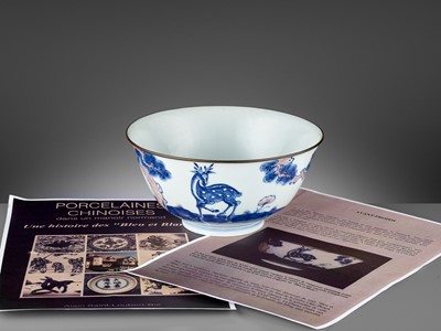 Lot 256 - A COPPER-RED-DECORATED BLUE AND WHITE ‘DEER’ BOWL, QIANLONG MARK AND PERIOD