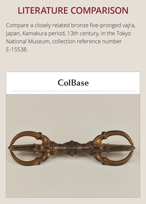 Lot 1551 - A SMALL BRONZE FIVE-PRONGED VAJRA WITH LOTUS LEAVES