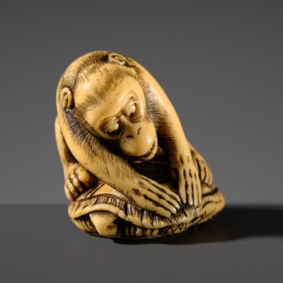 A FINE AND RARE ANTLER NETSUKE OF A MONKEY ATOP A TORTOISE, STYLE OF MITSUHIDE