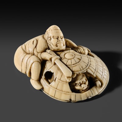AN AMUSING OSAKA SCHOOL IVORY NETSUKE OF SHOKI CAPTURING AN ONI