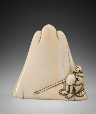 A LARGE IVORY NETSUKE OF SAIGYO HOSHI VIEWING MOUNT FUJI