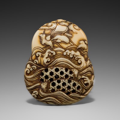 Lot 524 - A DELICATE WALRUS TUSK NETSUKE OF CHIDORI AMONG TURBULENT WAVES