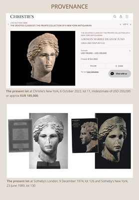 Lot 66 - AN IMPORTANT ROMAN MARBLE HEAD OF JUNO, CIRCA 2ND CENTURY AD
