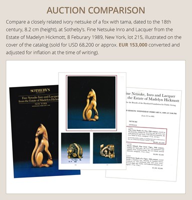 Lot 97 - A SUPERB AND RARE IVORY NETSUKE OF AN INARI FOX WITH TWO TAMA (SACRED JEWELS)
