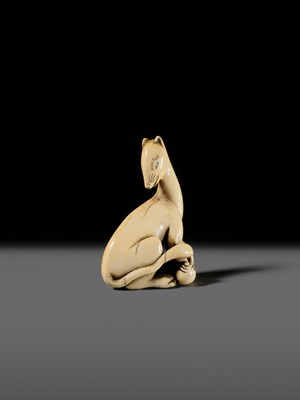 Lot 97 - A SUPERB AND RARE IVORY NETSUKE OF AN INARI FOX WITH TWO TAMA (SACRED JEWELS)