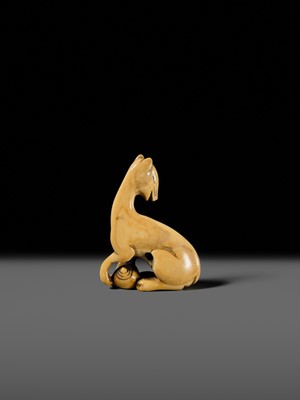 Lot 97 - A SUPERB AND RARE IVORY NETSUKE OF AN INARI FOX WITH TWO TAMA (SACRED JEWELS)