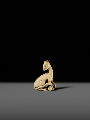 Lot 97 - A SUPERB AND RARE IVORY NETSUKE OF AN INARI FOX WITH TWO TAMA (SACRED JEWELS)