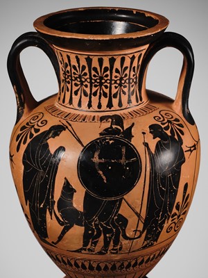 Lot 72 - AN EXCEPTIONALLY LARGE ATTIC BLACK-FIGURE AMPHORA, ATTRIBUTED TO THE LEAGROS GROUP