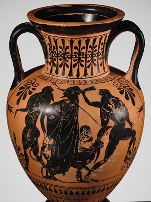 Lot 72 - AN EXCEPTIONALLY LARGE ATTIC BLACK-FIGURE AMPHORA, ATTRIBUTED TO THE LEAGROS GROUP