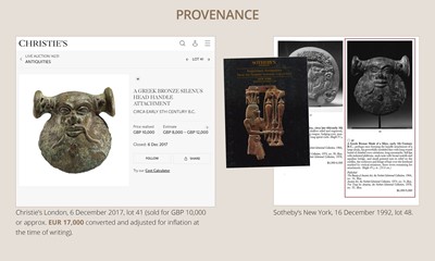 Lot 78 - A GREEK BRONZE MASK OF SILENUS, CIRCA EARLY 5TH CENTURY BC