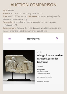 Lot 65 - A ROMAN WHITE MARBLE RELIEF FRAGMENT OF A SARCOPHAGUS DEPICTING A HORSEMAN AND STEED, CIRCA 2ND CENTURY AD