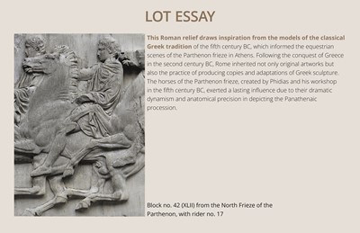 Lot 65 - A ROMAN WHITE MARBLE RELIEF FRAGMENT OF A SARCOPHAGUS DEPICTING A HORSEMAN AND STEED, CIRCA 2ND CENTURY AD