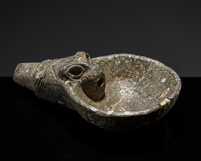 Lot 63 - A RARE CHLORITE ‘LION’ LIBATION BOWL, 8TH CENTURY BC