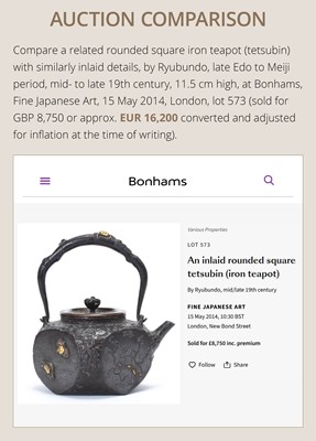 Lot 43 - RYUBUNDO: AN IRON TEA KETTLE (TETSUBIN) WITH A NOCTURNAL LANDSCAPE UNDER THE CRESCENT MOON