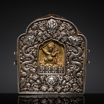 Lot 17 - A FINE EMBOSSED SILVER AND COPPER PORTABLE SHRINE WITH TSATSA, GAU