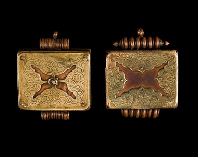 Lot 19 - TWO FINE COPPER AND BRASS AMULET BOXES AND COVERS, GAU