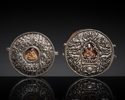 Lot 18 - TWO FINE EMBOSSED SILVER AND COPPER PORTABLE SHRINES WITH TSATSA, GAU