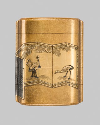 Lot 31 - A FINE FOUR-CASE GOLD LACQUER INRO DEPICTING FOLDING SCREENS