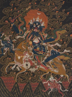 Lot 60 - A BLACK THANGKA OF PALDEN LHAMO, 19TH CENTURY