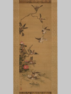 Lot 1597 - GOSEN: A HANGING SCROLL PAINTING DEPICTING SPARROWS AND FLOWERS