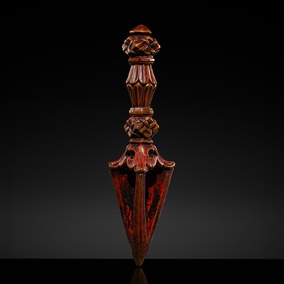 Lot 9 - A RARE PAINTED WOOD PHURBA, TIBET, 17TH CENTURY