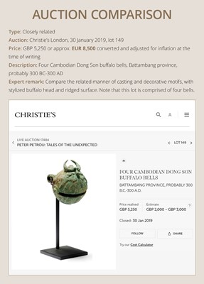 Lot 122 - A RARE BRONZE RITUAL ‘BUFFALO’ BELL, DONG SON CULTURE