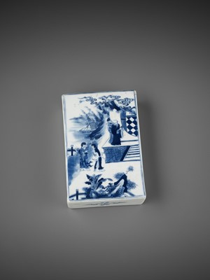 Lot 192 - A BLUE AND WHITE ‘ROMANCE OF THE WESTERN CHAMBER’ PORCELAIN WEIGHT, QING DYNASTY
