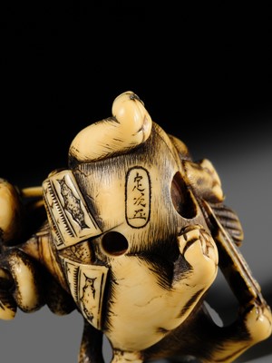 Lot 137 - SADATSUGU: A SUPERB IVORY NETSUKE OF INO HAYATA SLAYING THE NUE