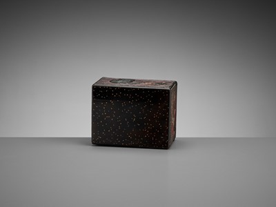 Lot 95 - OGAWA HARITSU (RITSUO): A SMALL CERAMIC AND LACQUER INLAID KIRI WOOD BOX AND COVER WITH BUDDHIST OBJECTS